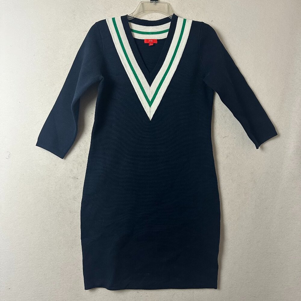 ETC dress sz M navy blue v neck white green‎ trim bodycon tennis prep core